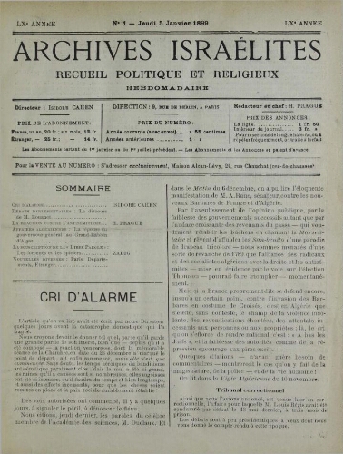 Archives israélites de France. Vol.60 N°01 (05 janv. 1899)